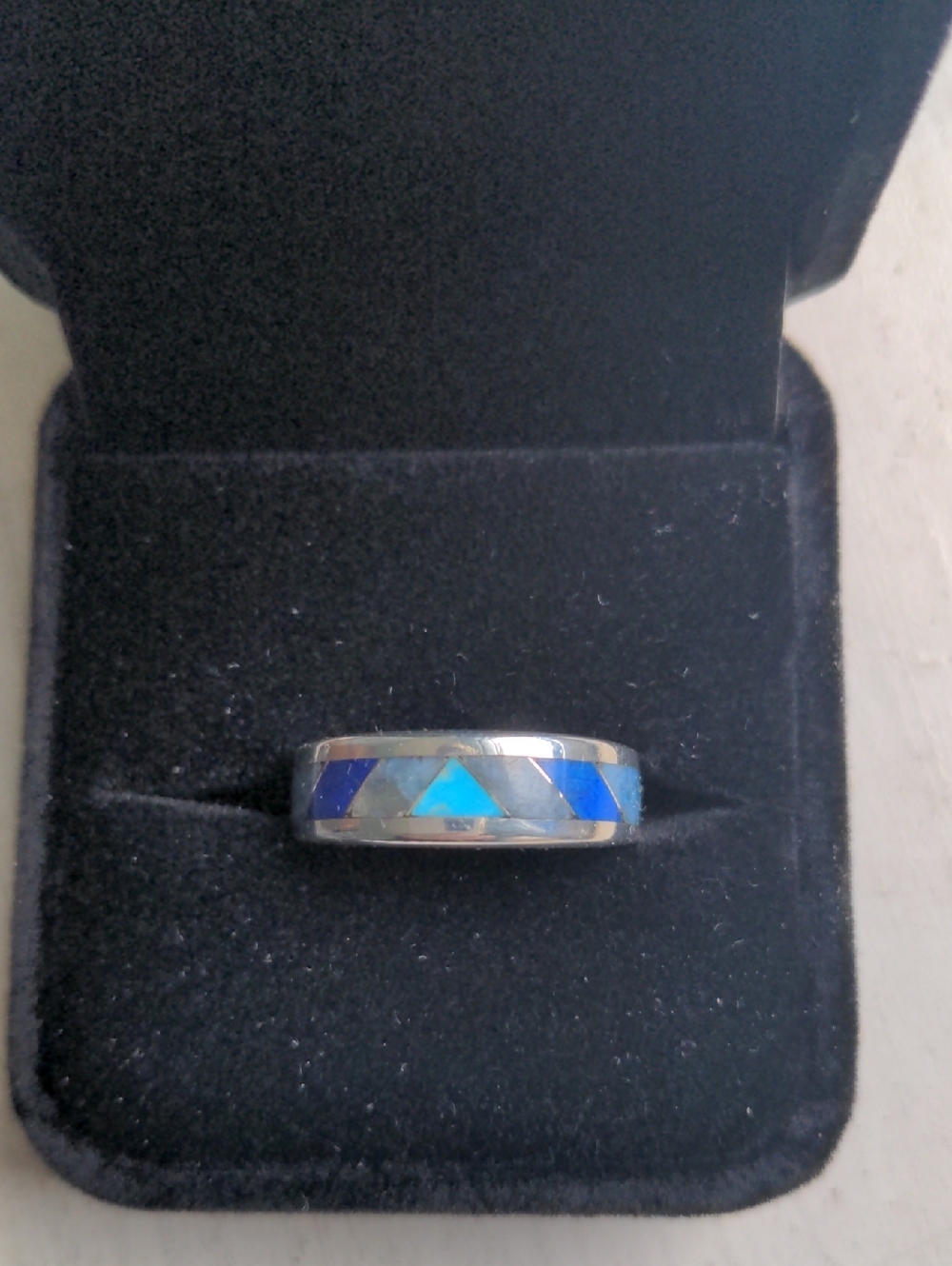 Sterling Silver Indian Wedding Inlay Ring, Blue & Turquoise Geometric, Sz 6, New